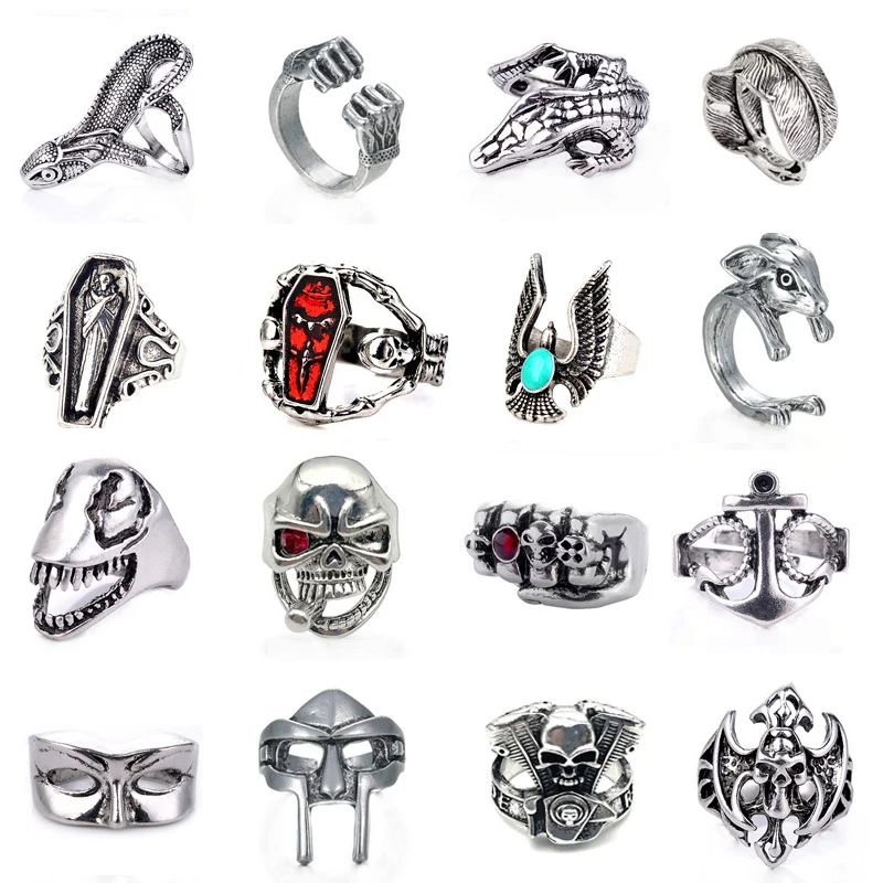 1PC Vintage Punk Skull Cross Men's Ring Gothic Rock Mummy Feather Animals Lizard Hollow Skeleton Ring For Men Party Jewelry