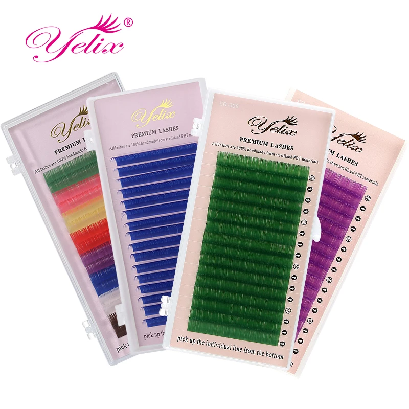 Yelix Colorful Individual Lashes Purple Blue Brown Green Red White Pink False Eyelashes Extensions Makeup Tool Wholesale