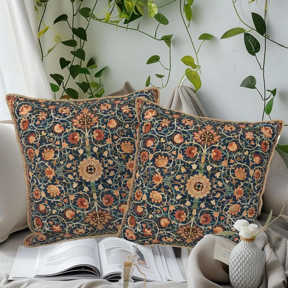 Vintage Floral Soft Velvet Throw Pillow Covers Set of 2 Burnt Orange Navy Flowers Plant 18x18 Inch Art Botanical Pillow Cases