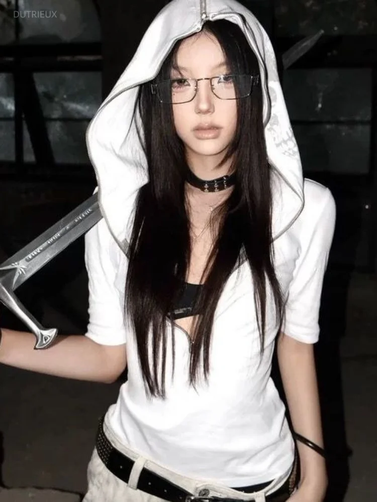 Y2k Aesthetic Hip-hop Hooded T-shirt Women Harajuku Gothic Skull Letter Print Punk Tshirts Streetwear Grunge Zipper Casual ​Tees