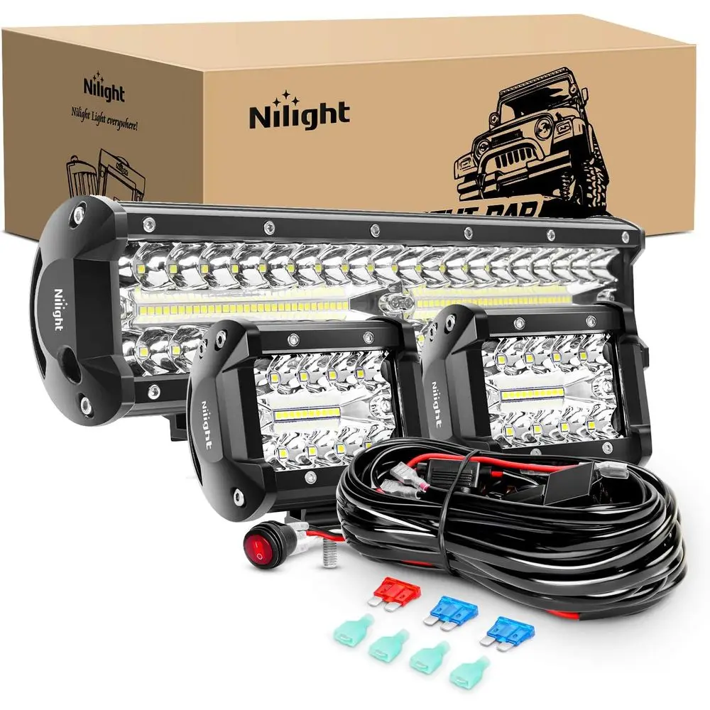 

12 Triple Row LED Light Bar Combo, 300W Spot & Flood, 2x 4 60W Work Lights, Wiring Kit, Offroad ATV/Boat, 1-Year Warranty