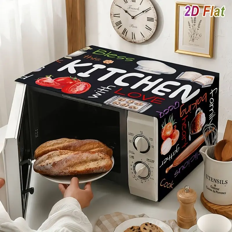 VIKAMA Kitchen Theme Microwave Cover Cooking Utensil Food Text Pattern Dust‑proof Protective Cover For Kitchen Household Decor