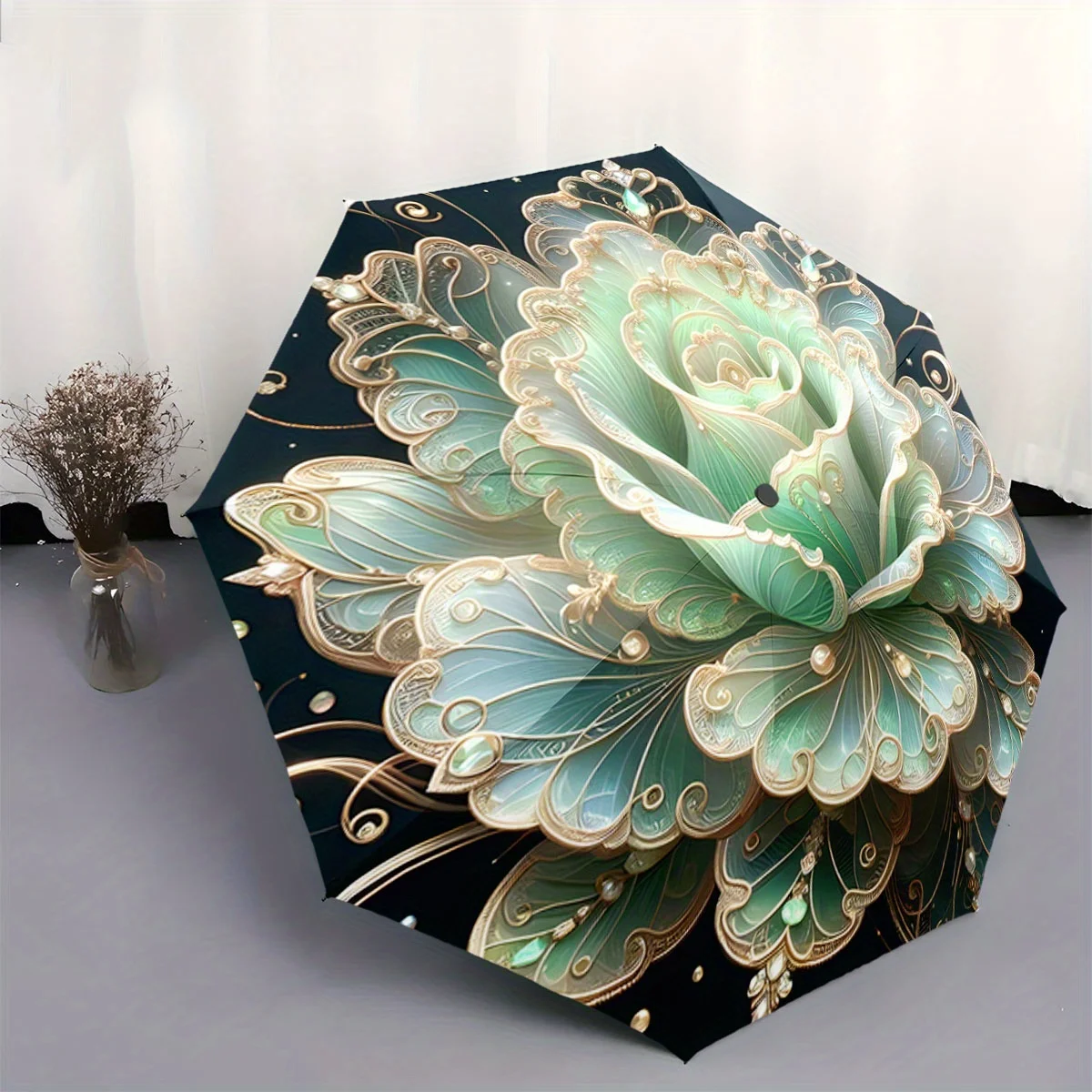 

Automatic Open/Close Umbrella with Floral pattern - Teal, Golden, Green & Black Elegant Women's Men's Umbrella, Compact Foldin