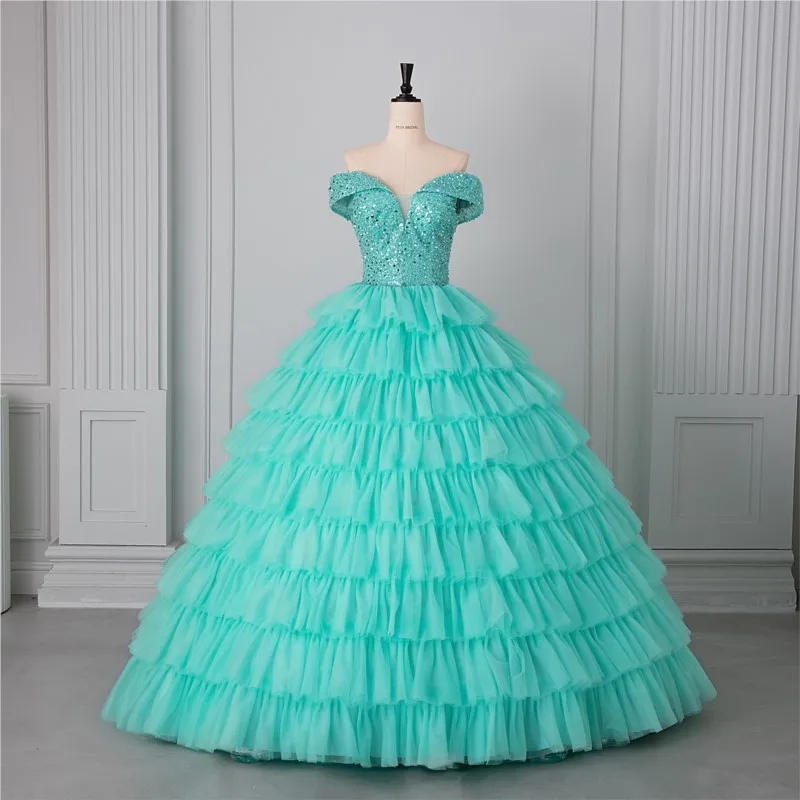 

New sequined cake long colorful performance banquet puffy skirt