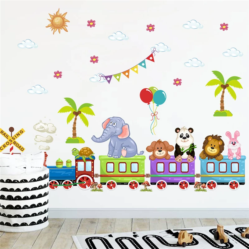 Funny Lion Rabbit Dog Animal ByTrain Wall Stickers For Kids Room Decoration Traffic Mural Art Cartoon Diy Home Decal Pvc Poster