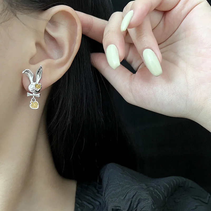 925 Sterling Silver Bow Bunny Color-blocking Stud Earrings For Women 2023 Korean Wedding Party Jewelry Gift Female Pendientes