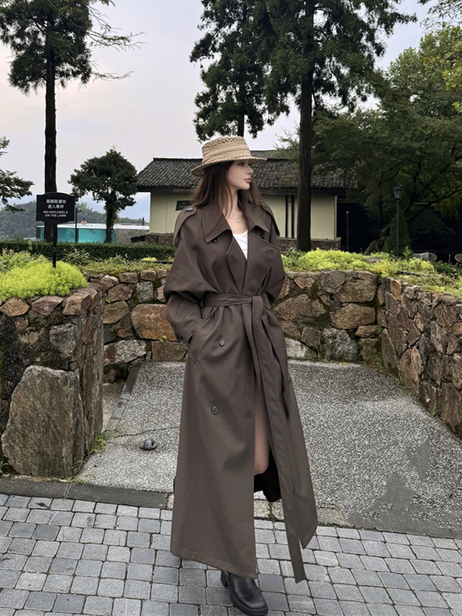 

Elegant Double-Breasted Long Sleeve Windbreaker Coat Women's Loose Fit Midi Length Over-Knee Open Cardigan Coat Korean Style
