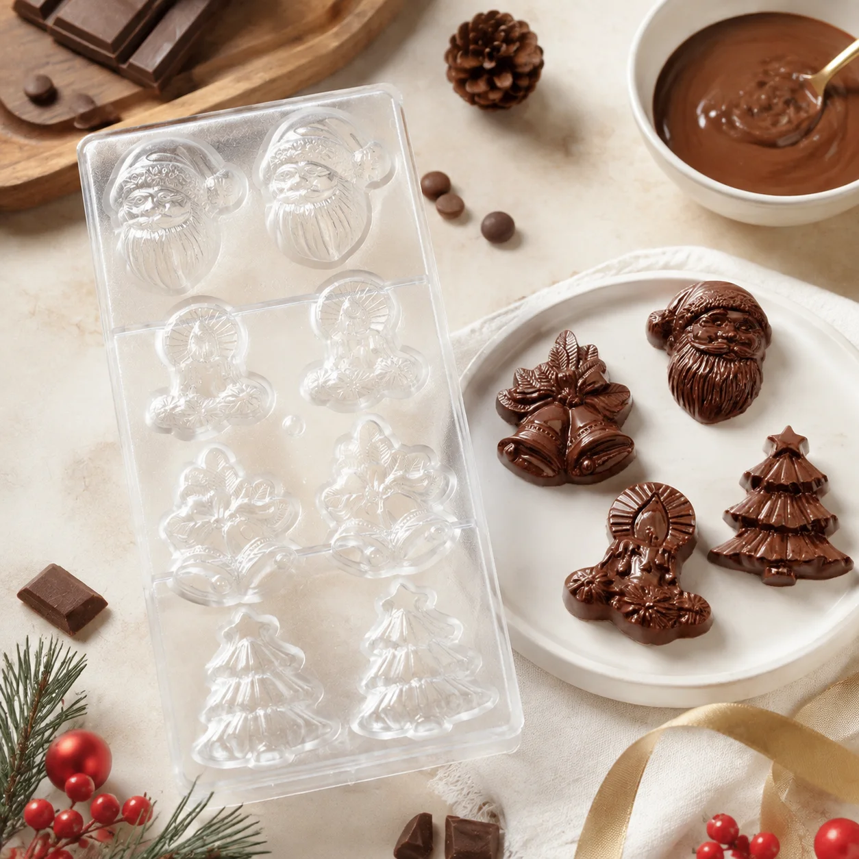Polycarbonate Christmas Chocolate Mold Santa Bell Candle Xmas Tree Reusable DIY Holiday Candy Baking Mould