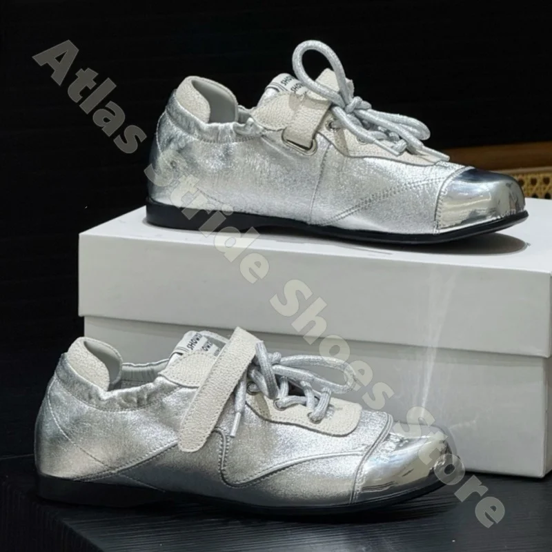 Women Silver Metallic Sneakers Magic Tape Breathable Mesh Panel Vintage Lightweight Comfy Flat Casual Walking Sport Shoes