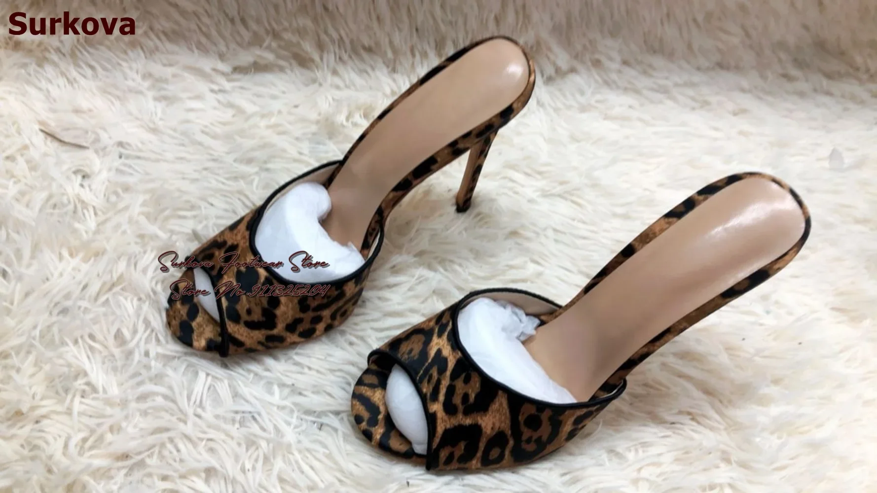 Surkova Sexy Leopard Printed Satin Cloth Mules Stiletto Heels Round Toe Silk Modern Slippers Clear PVC Summer Dress Pumps