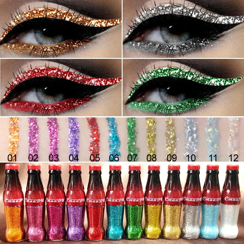 CmaaDu 12 สี Pro METALLIC/Glitter Liquid Eyeliner แต่งหน้ากระพริบ Brilliant Silver Highlight GOLD กันน้ํา Liners อายไลเนอร์