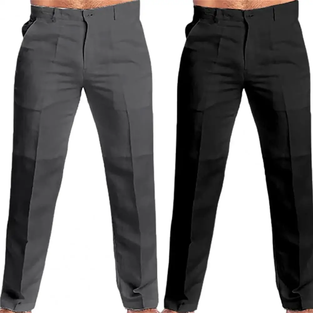 Calça de linho de algodão justa masculina com bolsos com zíper, calças de perna reta de ascensão média, lazer elegante