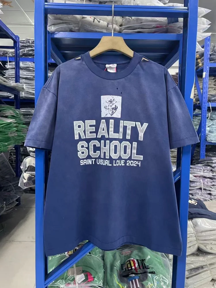 

Винтажная футболка с потертым подолом, темно-синяя хлопковая мужская свободная повседневная футболка