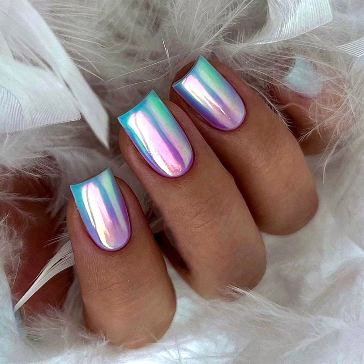 Blue Purple Gradient Press on Nails Chrome Medium Square Fake Nails Mirror Acrylic Glue on Nails Reusable Stick on Nails DIY