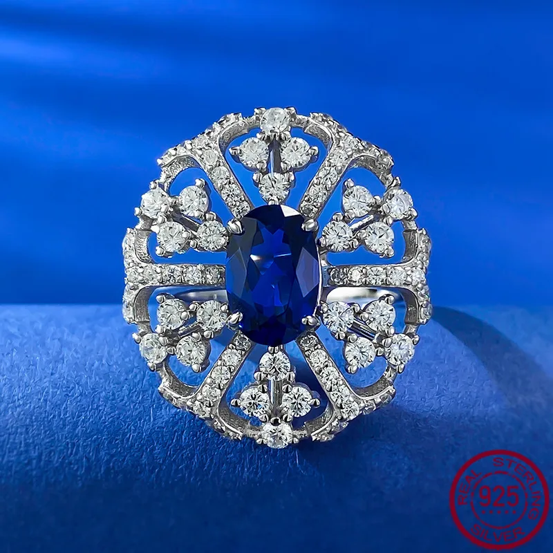 

Новый комплект из твердого серебра S925 с 6 * королевским синим стержнем, европейские и американские легкие роскошные женские кольца, свадебные украшения