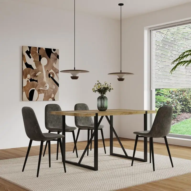 55" MDF Dining Table & Set of 4 Modern Chairs, Mid Century Wood Kitchen Table with Metal Base & Leg, Suede Upholstered Dining