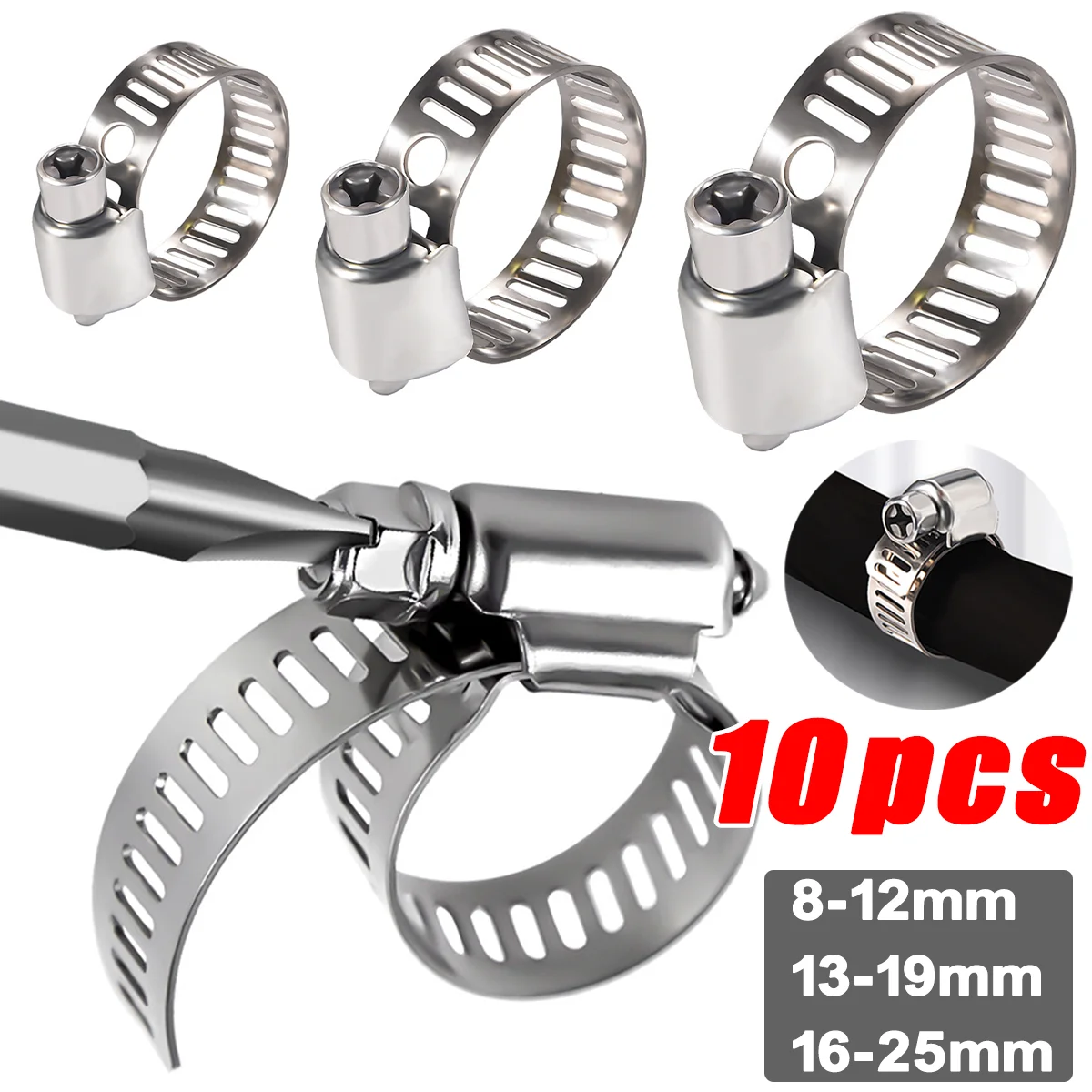 10pcs Multi-Size Hose Clamp Industrial Grade 304 Stainless Steel Pipe Clip Adjustable Hose Pipe Fastener Car Accessories 8-25mm