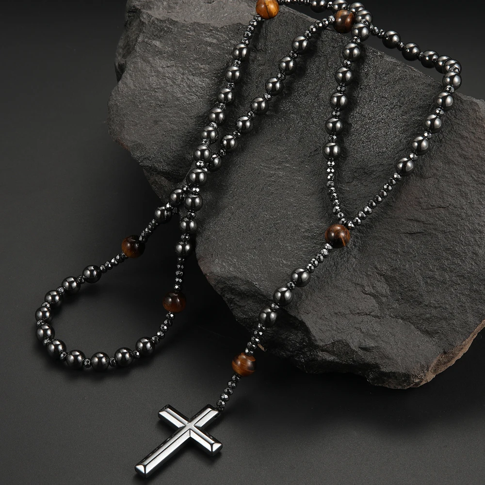 Black Hematite Round Beads Yellow Tiger-eye Stone Cross Pendant Necklace for Men and Women