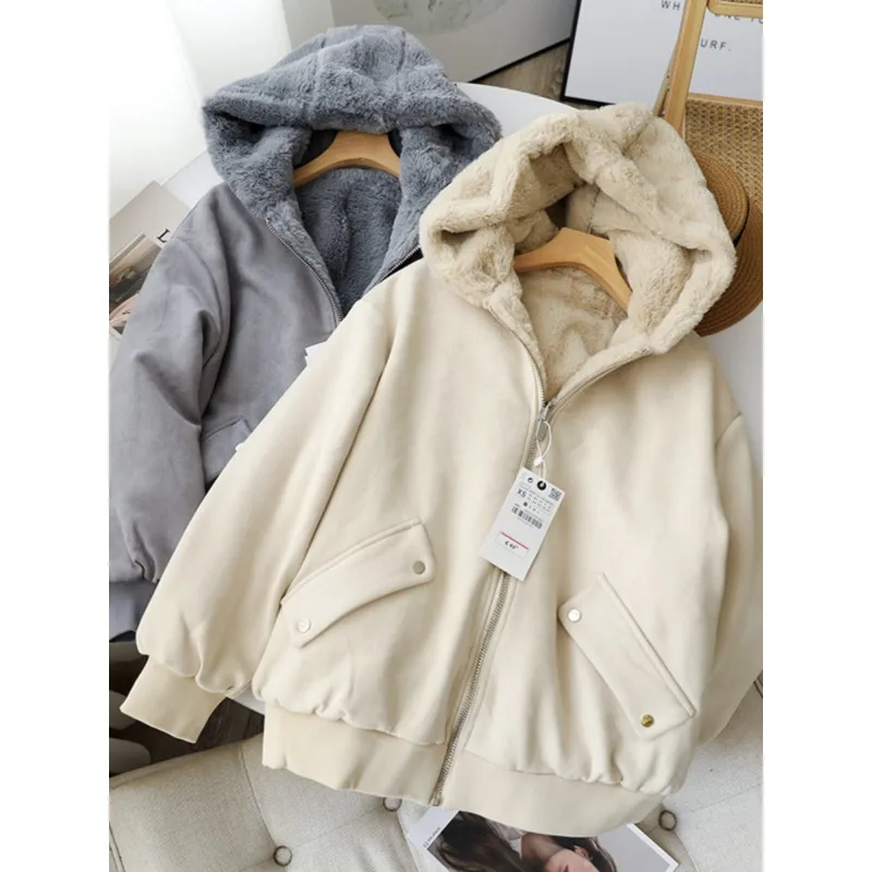 

Корейский модный двусторонний носимый толстый плюшевый свободный кардиган с капюшоном и плюшевой молнией, куртка с длинными рукавами, женская одежда