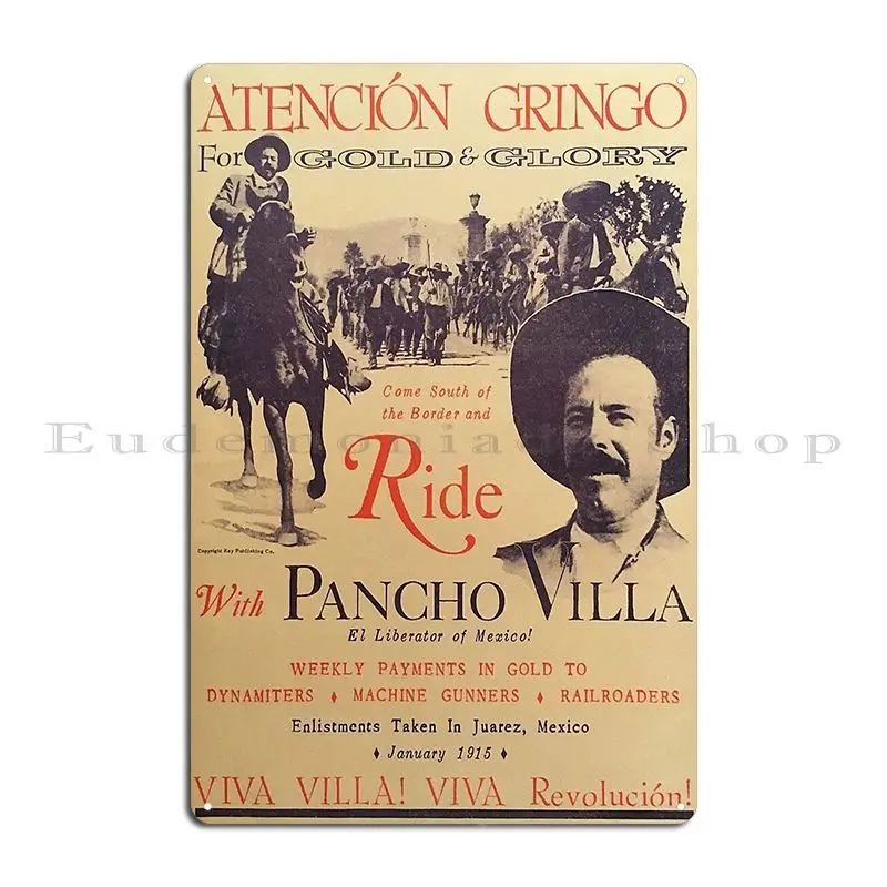 Ride With Pancho Villa Old Poster Metal Plaque Poster Garage Iron Mural Kitchen Cinema Tin Sign Poster