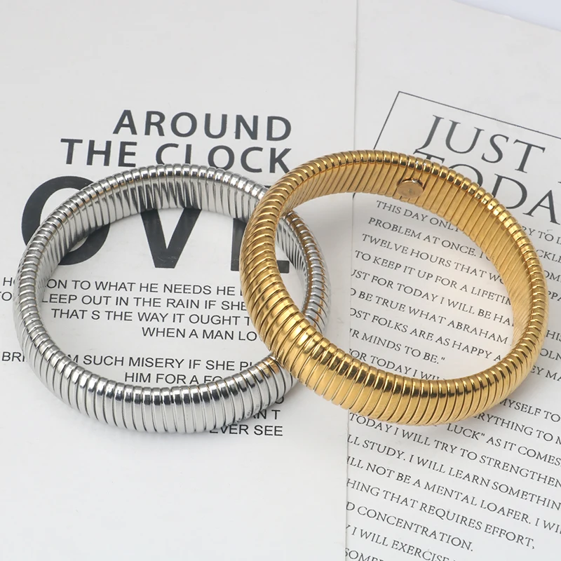 Stainless steel new fashion elastic wide-face bracelet for men and women gold personality stripe multi-layer bracelet