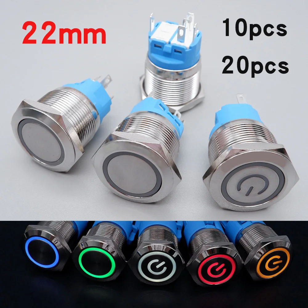 Metal Push Button Switch 22mm Led Light Momentary Latching Waterproof Illuminated Car Engine Power On Off  5v 6v 12v 24v 220v