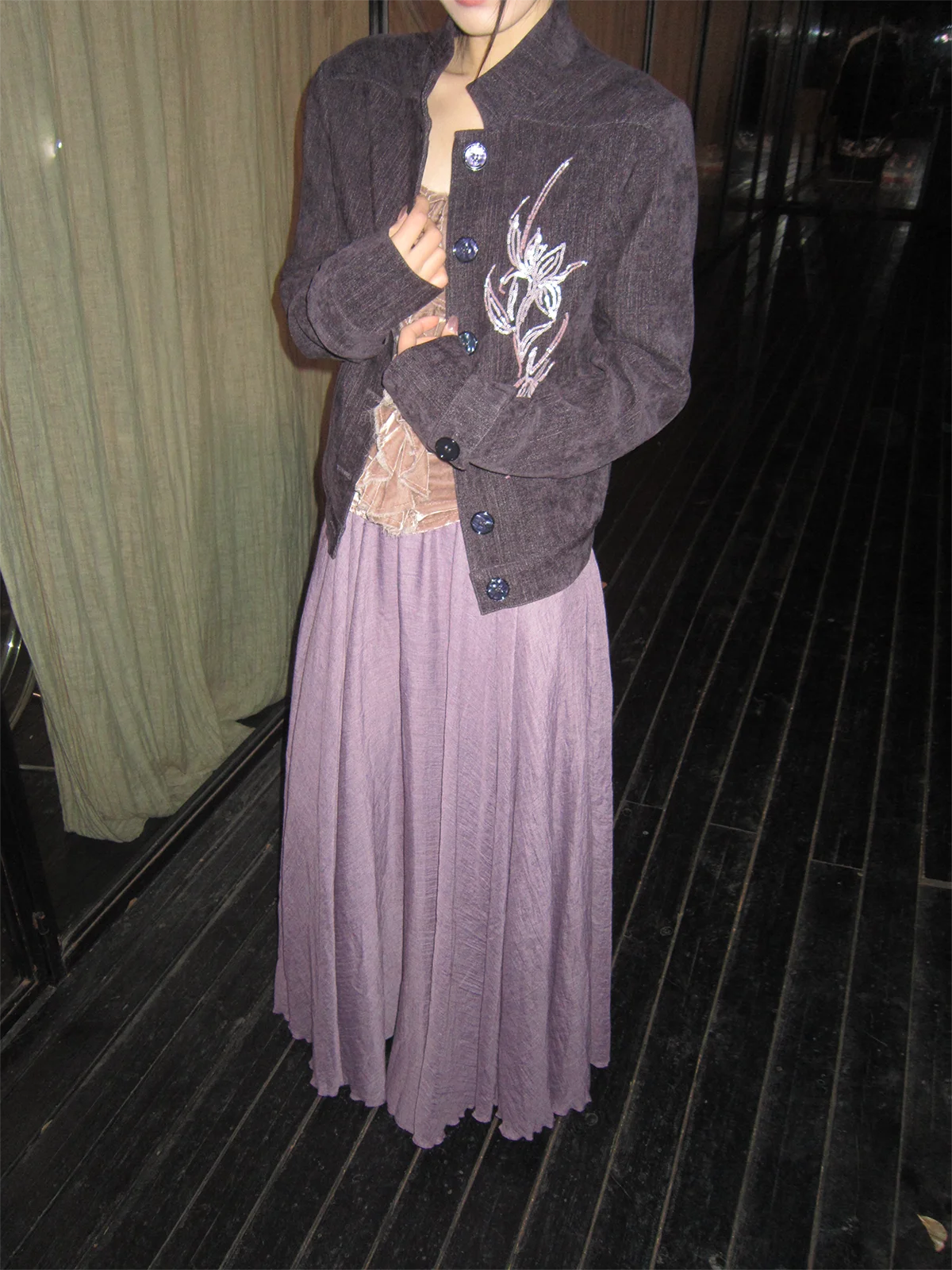 

Loose Fit Casual Sle Purple Orchid Embroidery ort Jaet Outerwear Women's Polyester Fiber Breathable Full Lined Coat