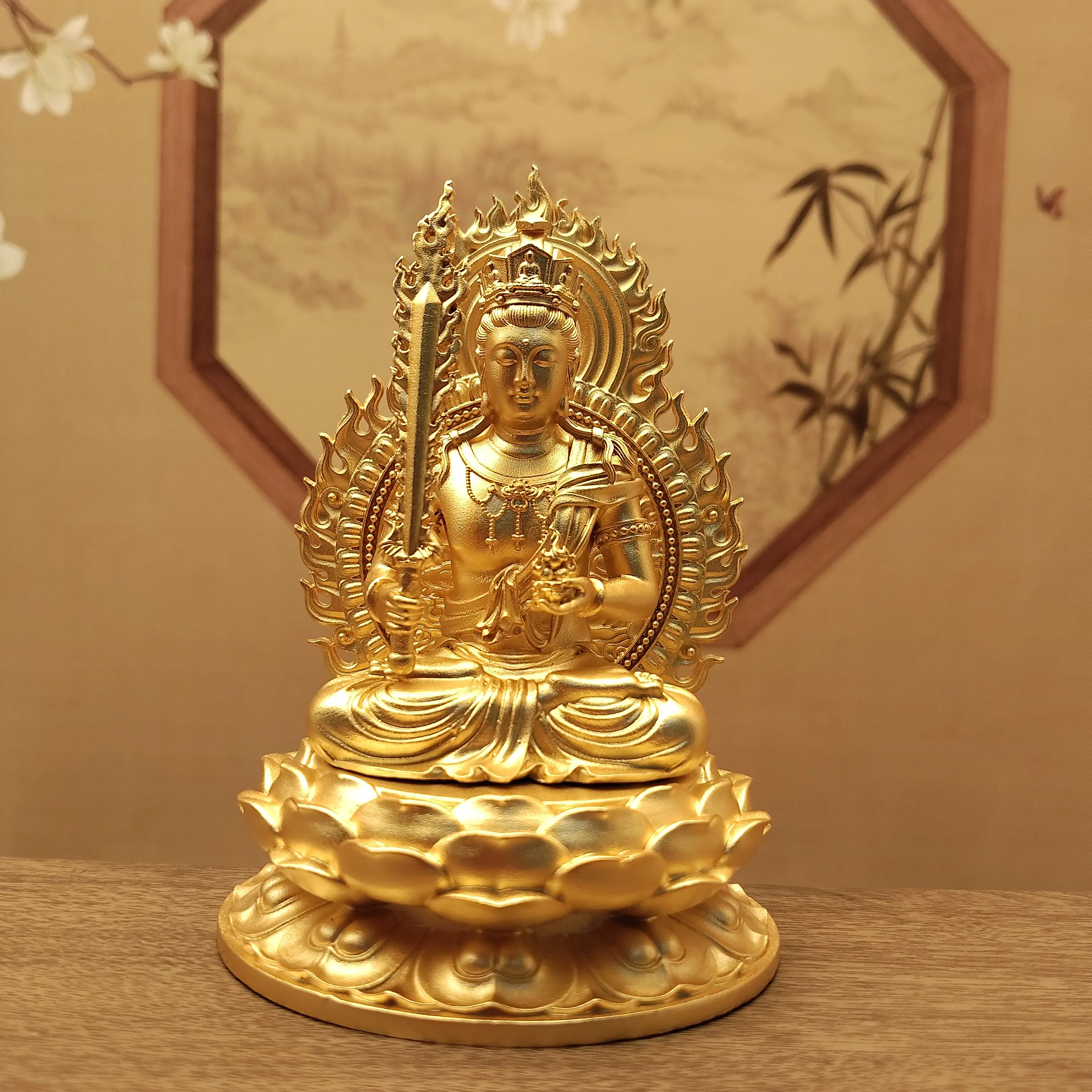 Tibetan Vajrayana Gold-Plated Akashagarbha Bodhisattva Eight Protectors Statue 10cm Home Altar Blessing Career