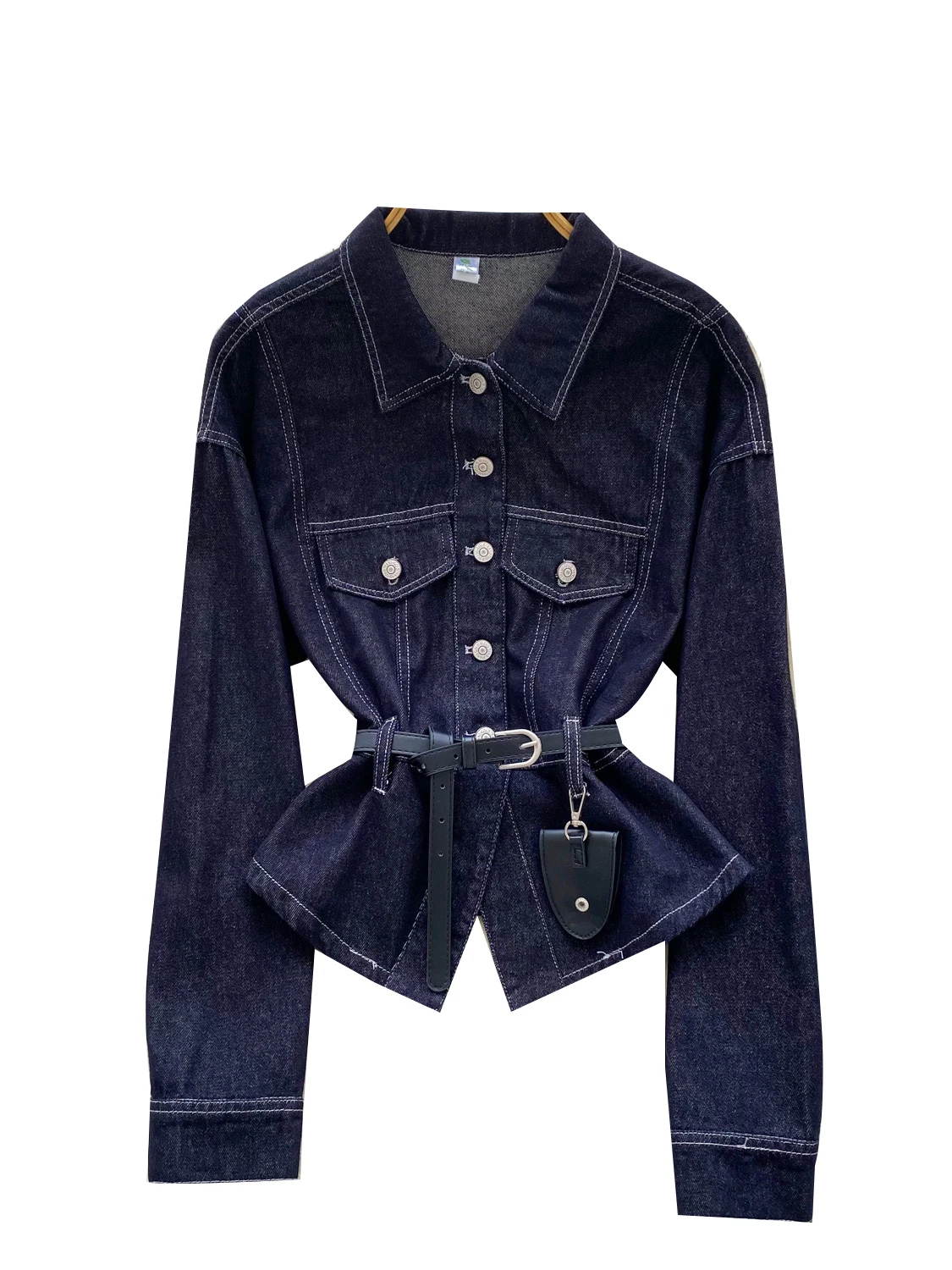 Csa de Mezclilla de Manga Larga con Cinturón y Cuello, Diseño E y Juvenil, Estilo Coreano, Hoada, para Mujer, Oto...