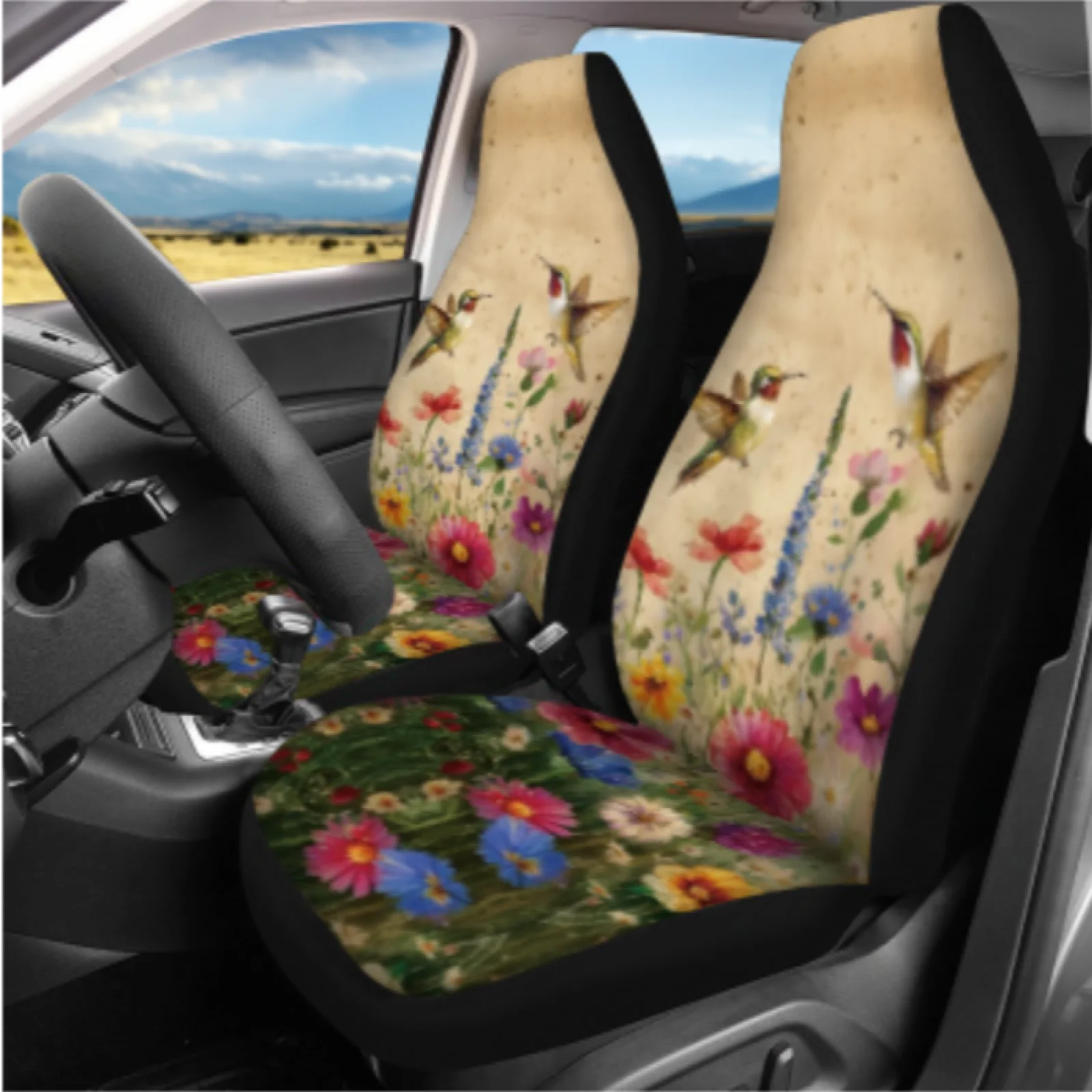 Coloranimal Lavender Floral 14 Pcs Automobile Seat Cover Sets with Breathable Steering Wheel Cover and Car Safety Belt Pad