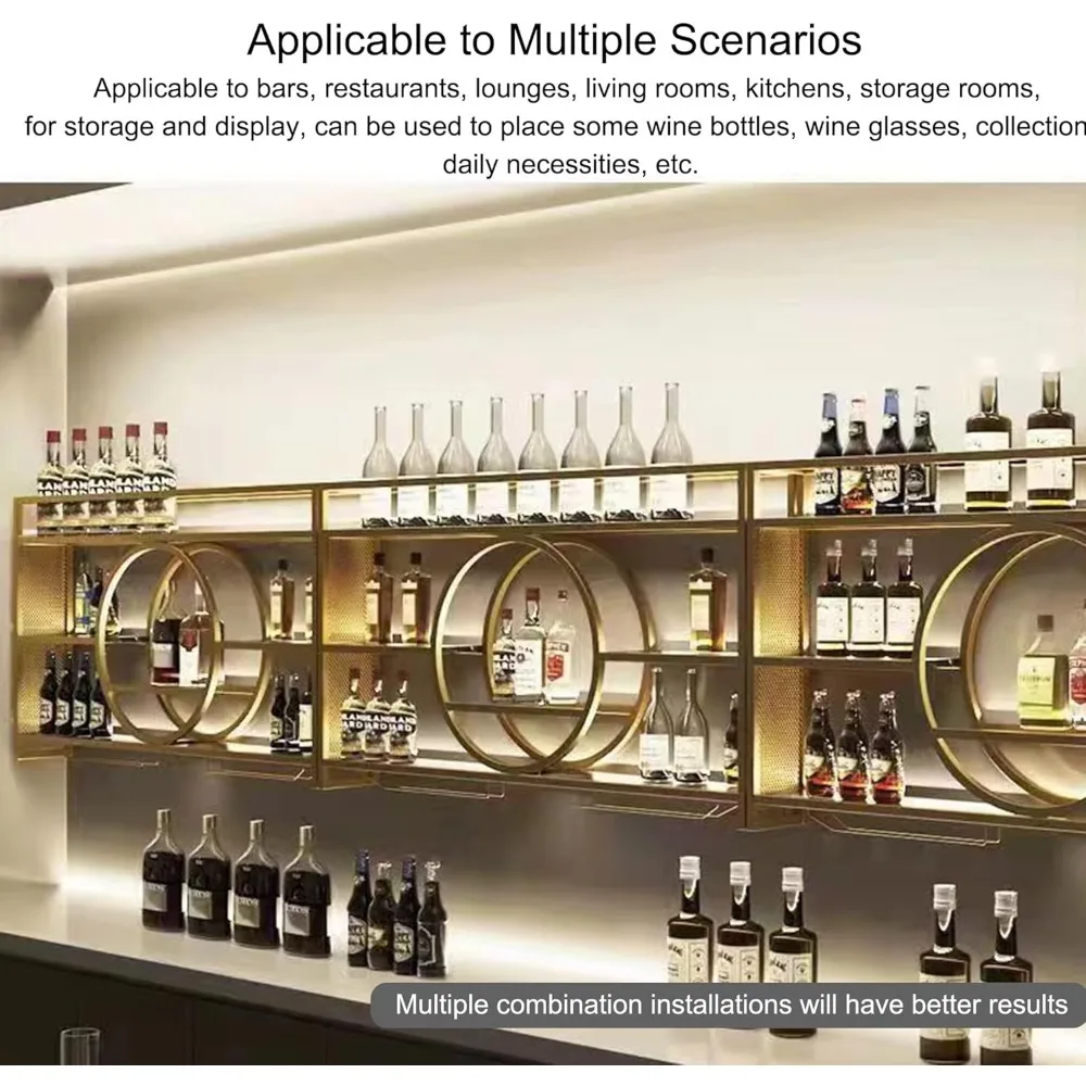 Wine rack de pared con soporte de vidrio integrado y estantes flotantes iluminados por LED para exhibición de botellas de licor