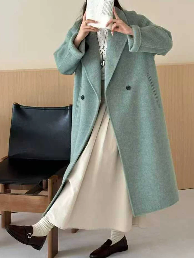 YERMORA Czarny Płaszcz Wełniany z Grubą Klamrą dla Kobiet, Luźny Krój, Długi Rękaw, Nowy Płaszcz Wierzchni, Modny Styl, Jesień Zima 2025