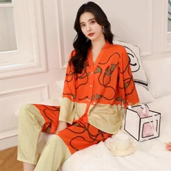 Lisacmvpnel Women's Spring New Pajama Set Ice Silk Thin Long Sleeve Suit Sleepwear 2023 New Large Size Printed Pyjamas