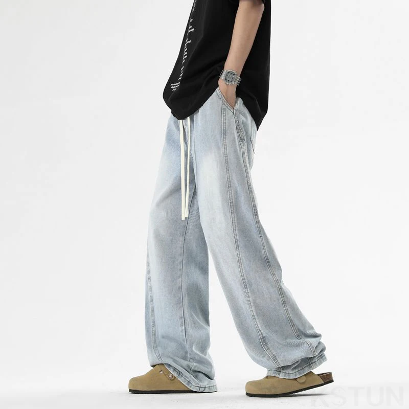 KSTUN جينز أزرق فاتح للرجال مستقيم فضفاض للرجال السراويل الفضفاضة مرونة واسط الساق جينز عتيق مغسول مقاس كبير ربيع 2026