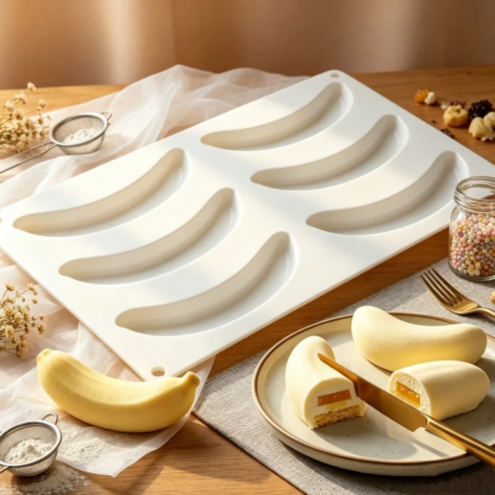 Banana Shape Silicone Mousse Cake Mold 6 Hole Simulation Fruit Series DIY Wax Melts Chocolate Dessert Jelly Pudding Baking Tools
