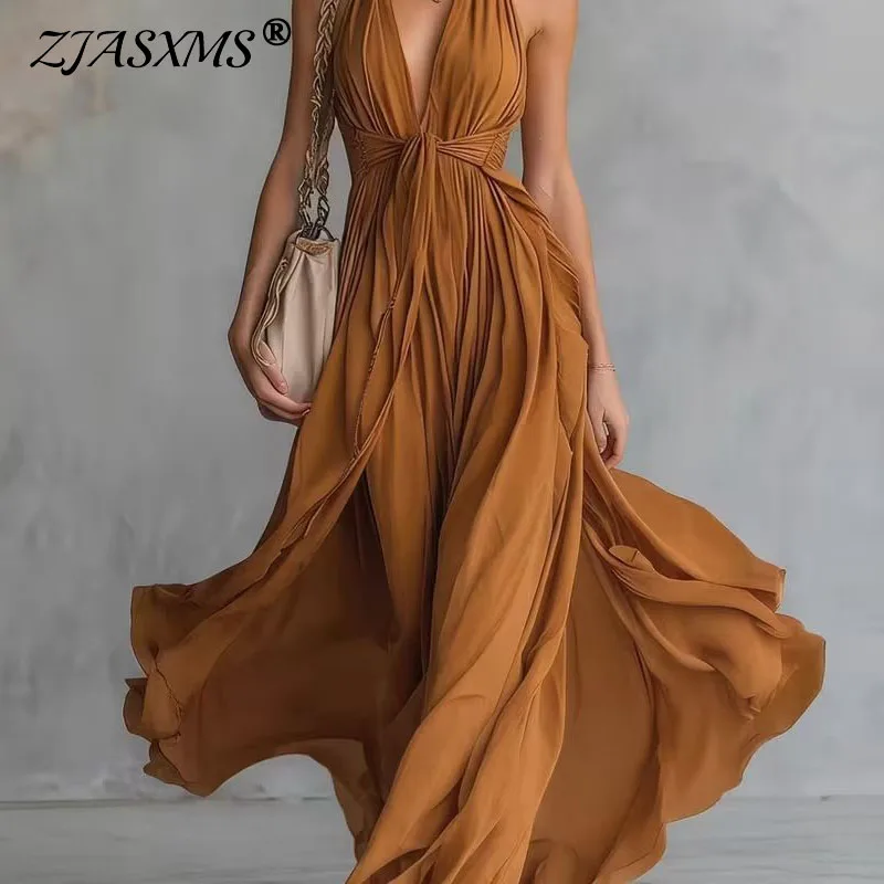Damen Casual Ärmelloses Hochgeschnittenes Plissiertes Langes Kleid Frühling Sexy Tiefer V-Ausschnitt Lockeres Swing Maxikleid Sommer Boho Urlaubskleid