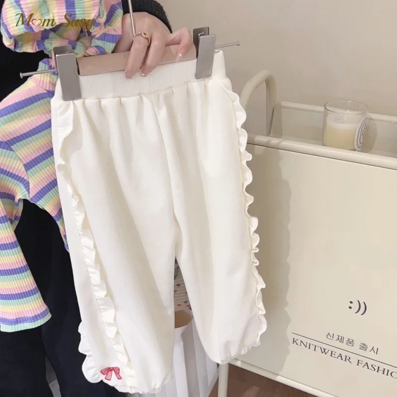 

Модные хлопковые повседневные брюки с оборками для маленьких девочек, свободные брюки для малышей, детей, с бантом, весна-осень, лето, детская одежда