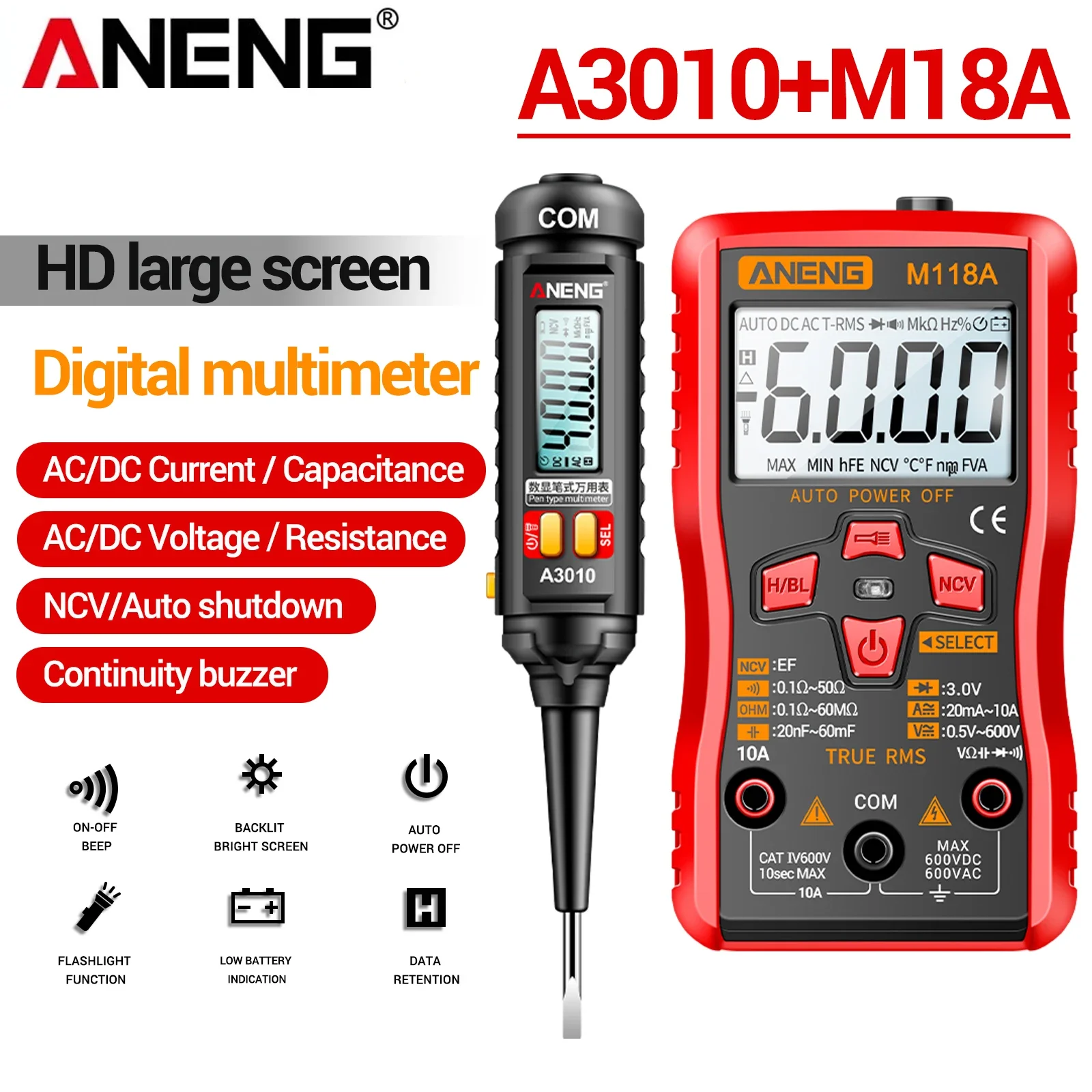 

Digital Multimeter Tester Pen ANENG M118A +A3010 Kit True RMS 6000/4000 Counts Auto-Rang AC/DC Transistor Voltage tester Tools