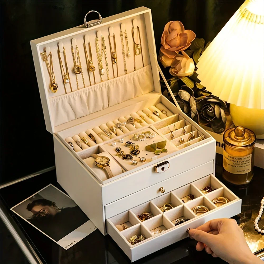Luxury Jewelry Box Multi-layer Leather Jewelry Storage Box with Drawers Large Capacity Organizer for Earrings Rings Necklaces ﻿