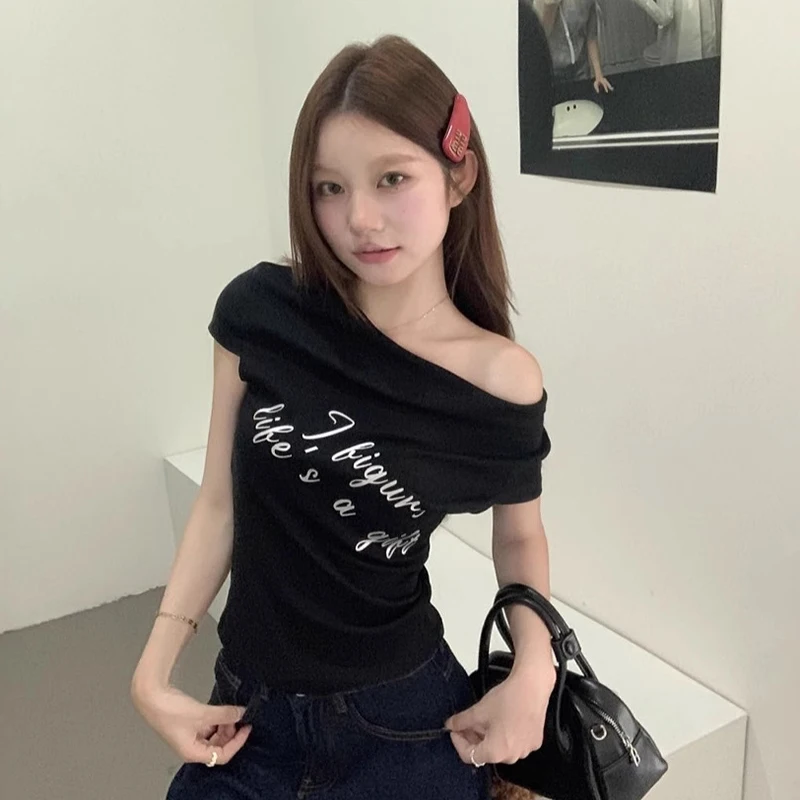 

Summer Hot Girl Sexy Chic Letter Print Off-shoulder Short Sleeve Slim T-shirt