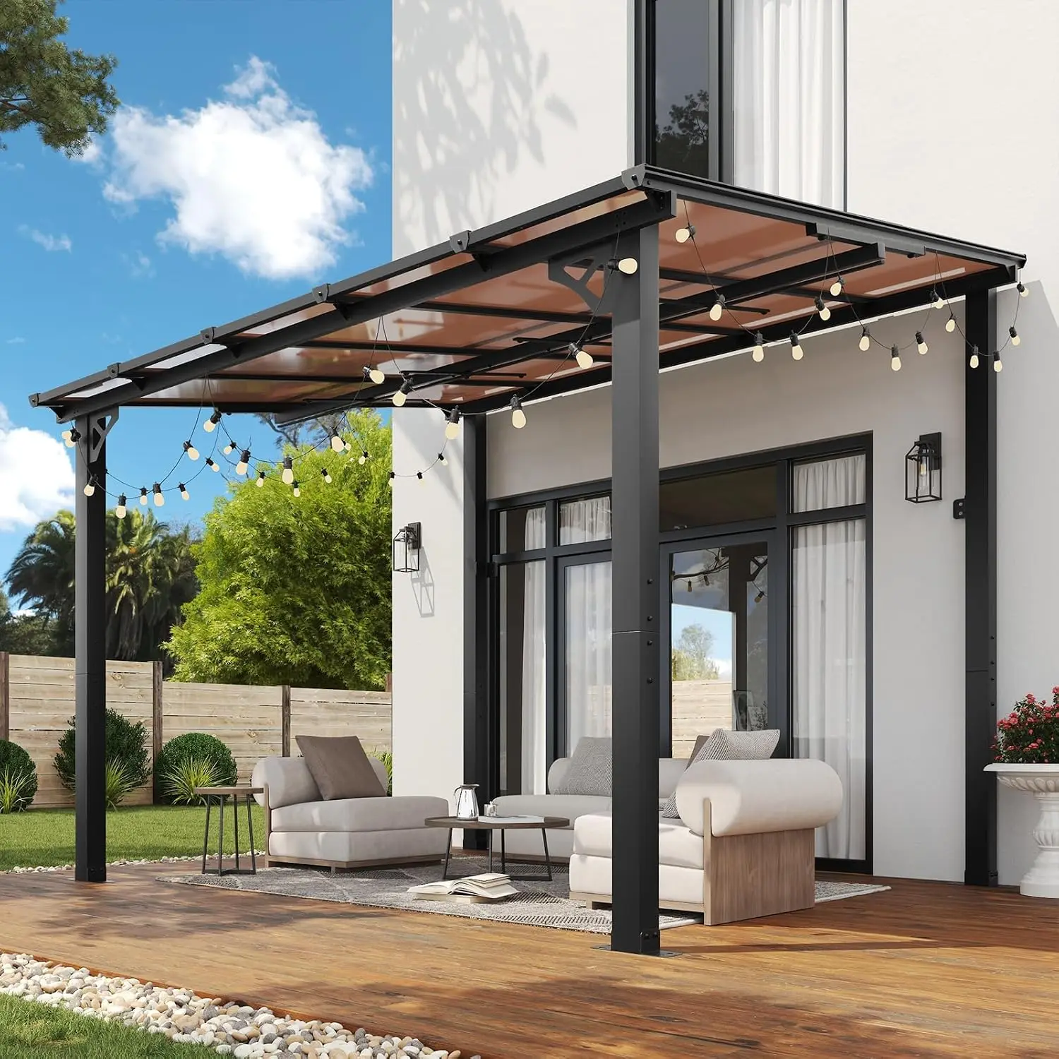 8'x10' Wall Mounted Gazebo with LED Light, Sloped Roof Aluminum Frame Lean to Pergola for Patio Deck Backyard, Customized