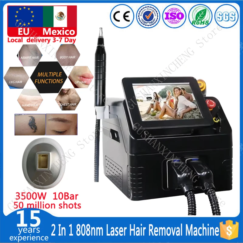 Picosecond Laser Tattoo Removal Equipment 2 In 1 Diode Laser 10Bar Removal Hair 808nm Painless Epilation Device