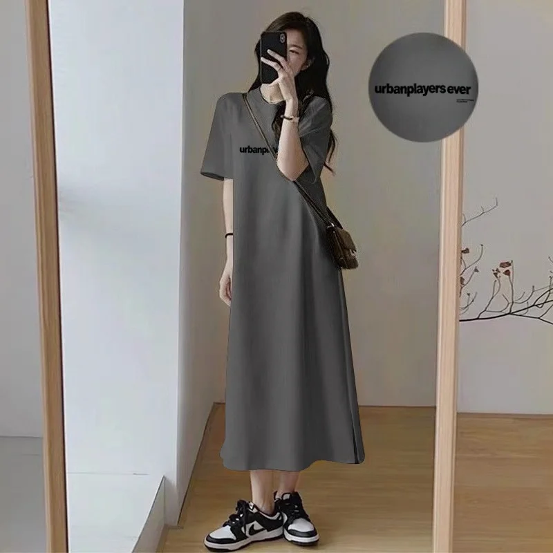 Oversized Ladies T‑shirt Maxi Dress Korean Letter‑Print Short Sleeve Casual Black Dress