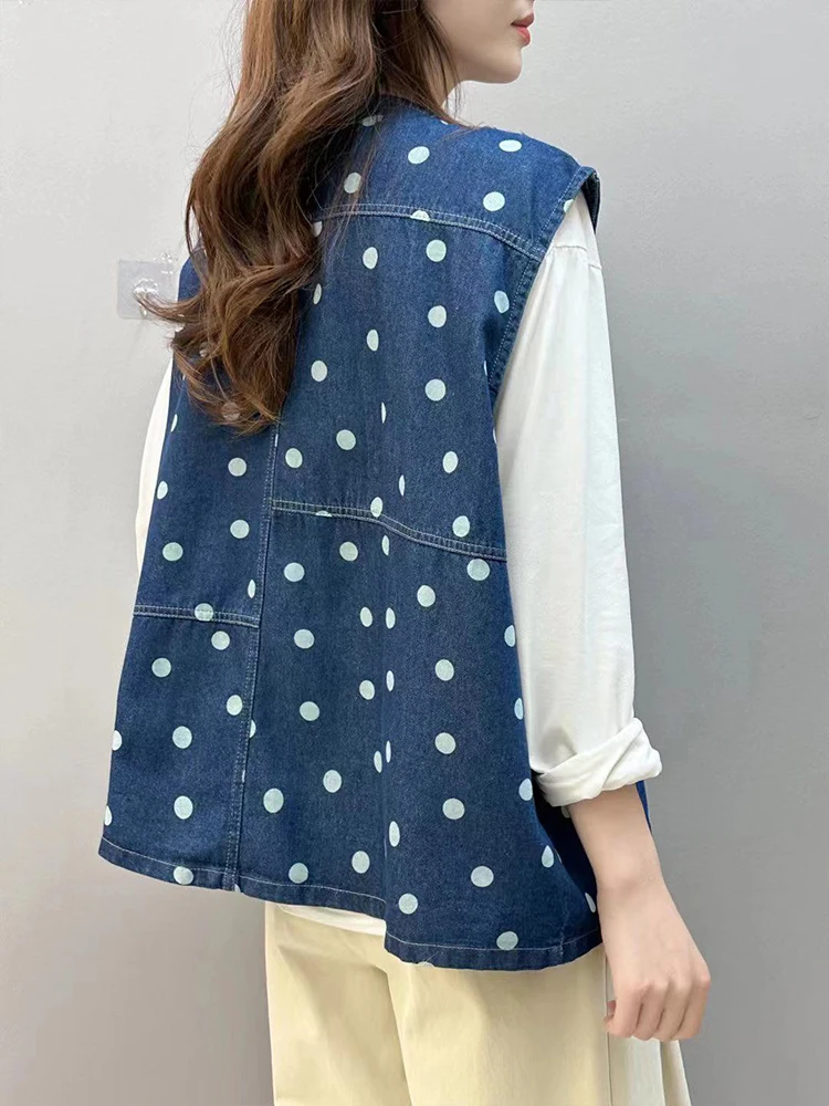 Amax luluE Spring Fashion Womens Denim Dot Sleeveless Coats Loose O Neck Vest Ladies Luxury Leisure Vintage Classic Waistcoats