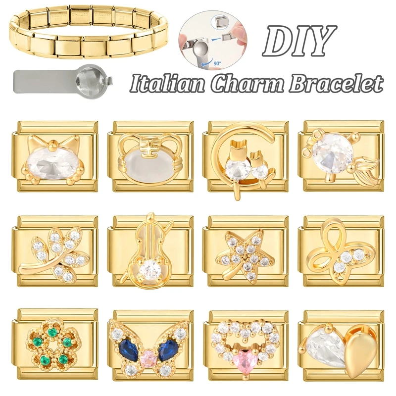 Y2K الذهب اللون الزركون فراشة ليف القمر القط زهرة الإيطالية سحر الروابط صالح 9 مللي متر الفولاذ المقاوم للصدأ سوار النساء DIY بها بنفسك صنع الهدايا #1