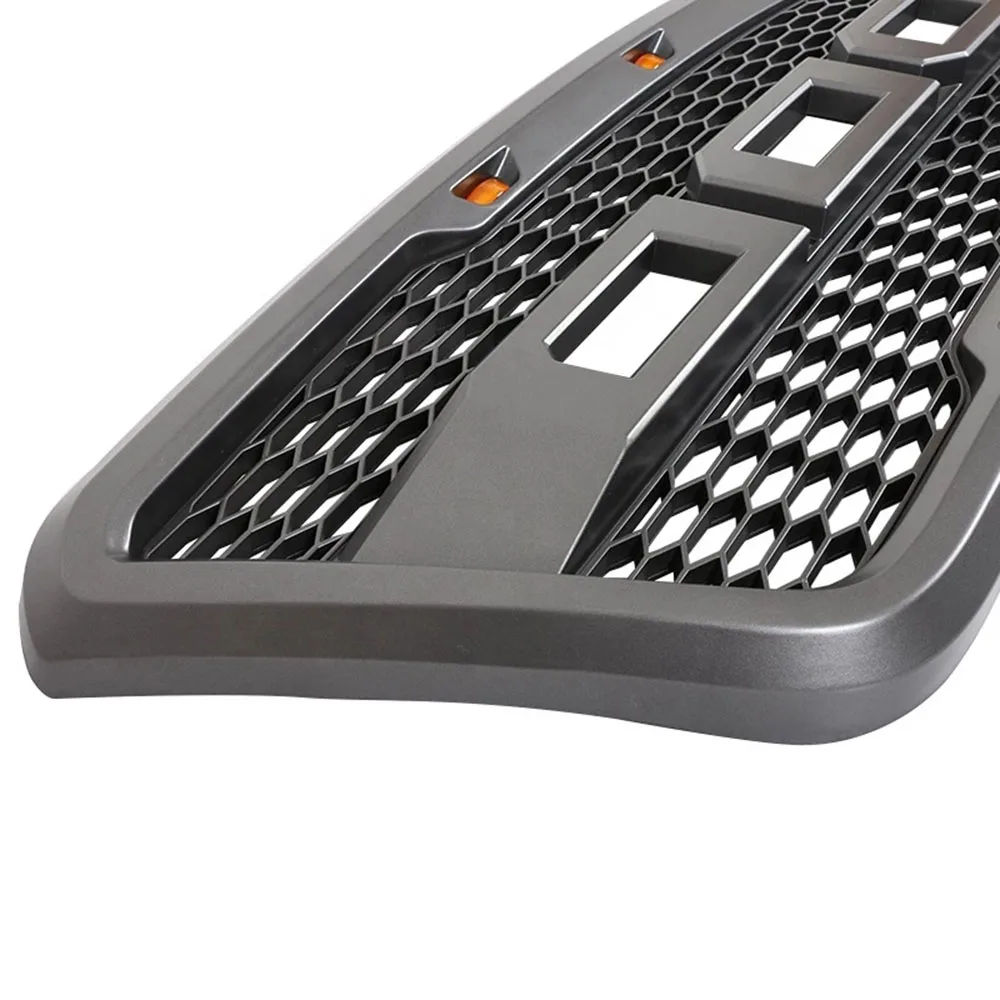 تعديل رابتور نمط رمادي ABS الجبهة شواء الوفير هود شبكة مصبغة مع أضواء LED العنبر و + رسائل لفورد F150 2004-2008