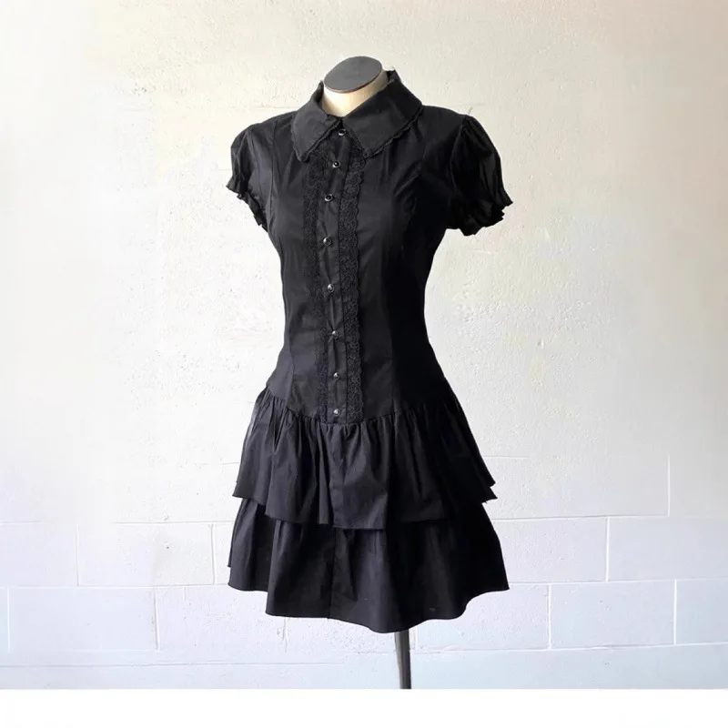 

Chic Vintage Dress Summer Black Lolita Women High Street Y2k Patchwork Slim Lapel Gothic Dresses Hot Girl Clothing Jirai Kei