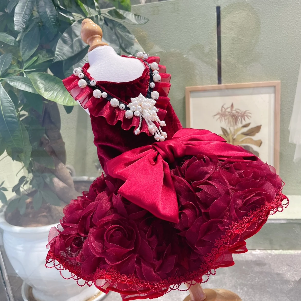 Vintage Wine Red Pet Dog Clothes Party Dress Fashion Handmade Rose flower Pearl Bow Princess Dress For Small Medium Dog Poodle