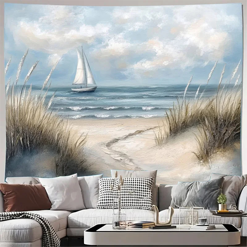 Tapisserie murale captivante sur le thème de la plage et de l'océan, impression artistique de paysage côtier avec voilier, pour chambre à coucher, salon, décoration nautique