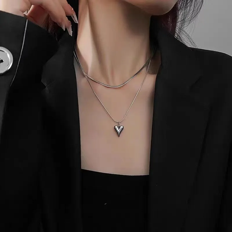 Double Layered Love Heart Pendant Necklace for Women Simple Neck Chain Jewelry image 2